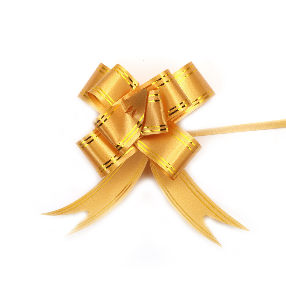 Decorative Pull Bow Ribbon, Size: 460x29 mm, in Ocher Color with Gold Lines - 10 pieces