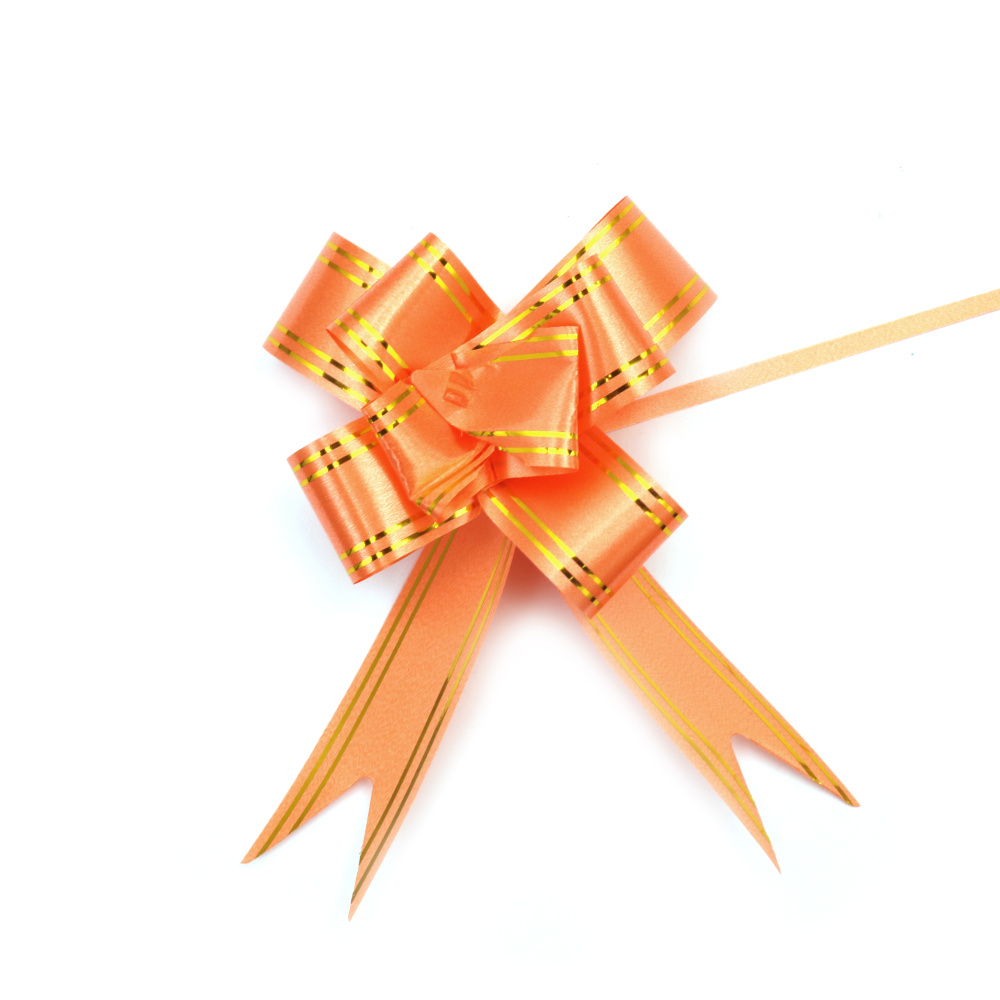 Pull Bow Ribbon, 460x29 mm, in color Orange with Gold Lines - 10 pieces