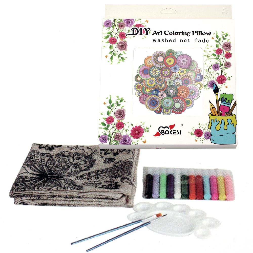 Antistress Set pillow case for coloring  45x45 cm with brushes 2 pcs, palette 1 pc, dyes 12 colors - mandalas