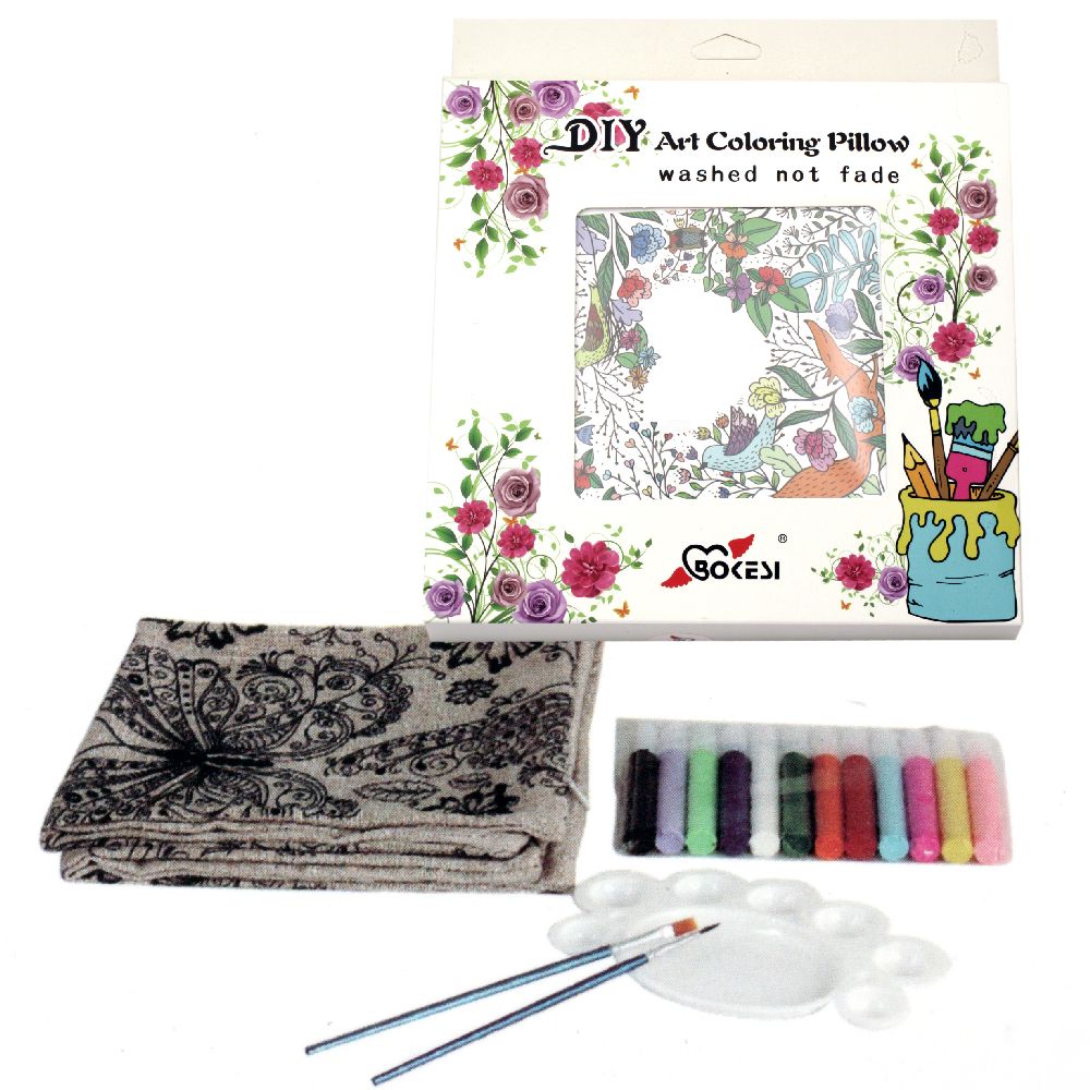 Set pillow case for coloring antistress 45x45 cm with brushes 2 pcs, palette 1 pc, color 12 colors - birds