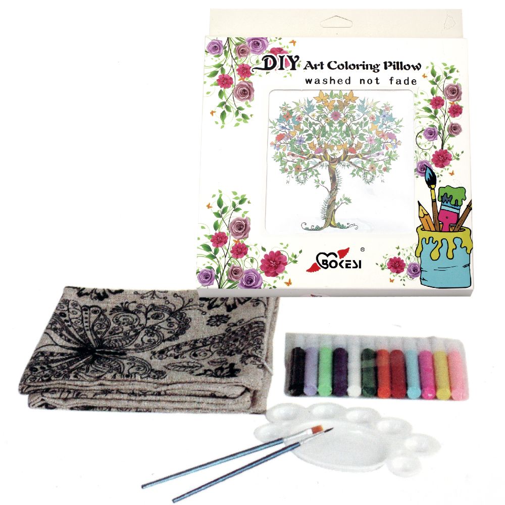 DIY set of pillow case for coloring anti-stress 45x45 cm with brushes 2 pieces, palette 1 piece, paints 12 colors - tree image