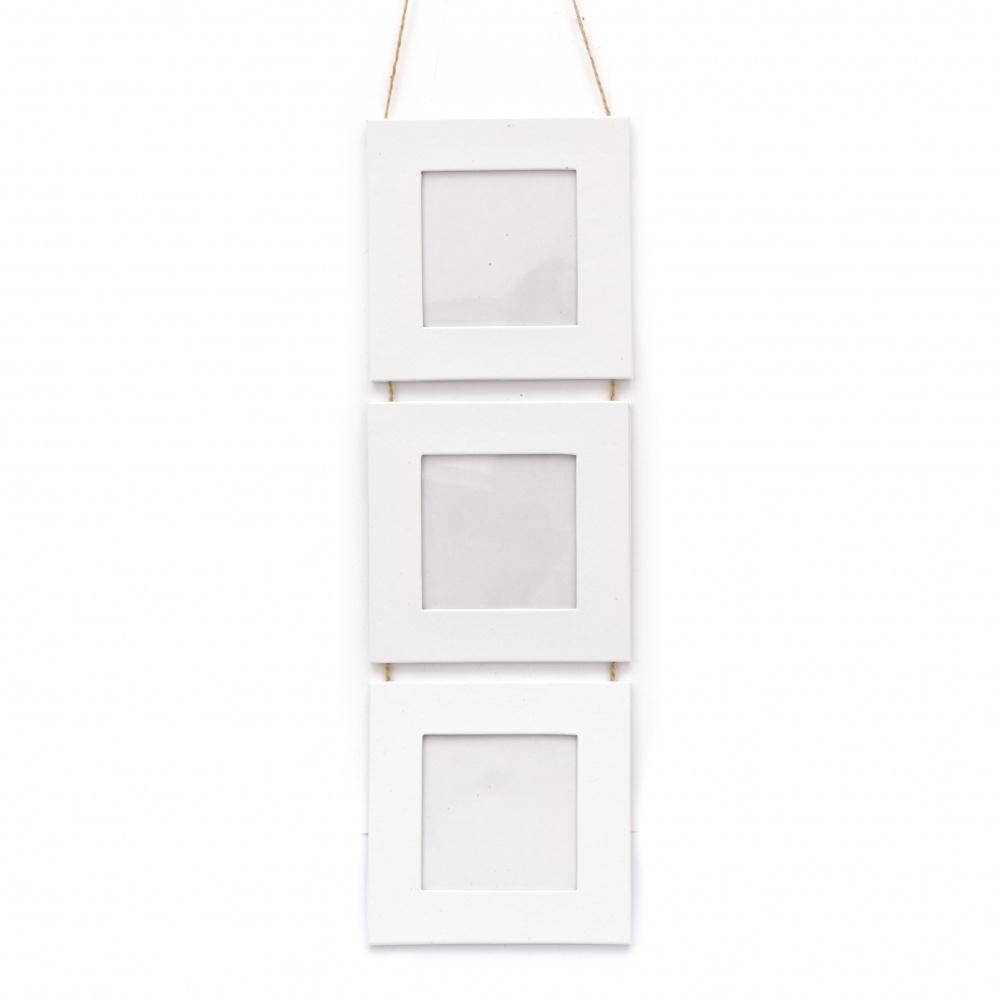 Square Cardboard Frame Set, 3 pieces, 7.5x7.5 cm, FOLIA, White, with Hemp Cord for Hanging