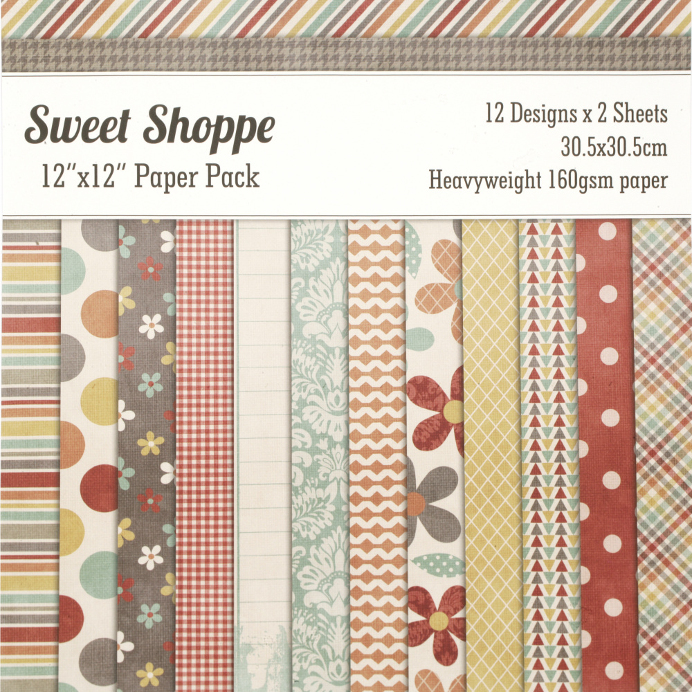 Дизайнерска хартия 160 гр за скрапбукинг, арт и крафт 12 inch (30.5x30.5 см) 12 дизайна x 2 листа Sweet Shoppe