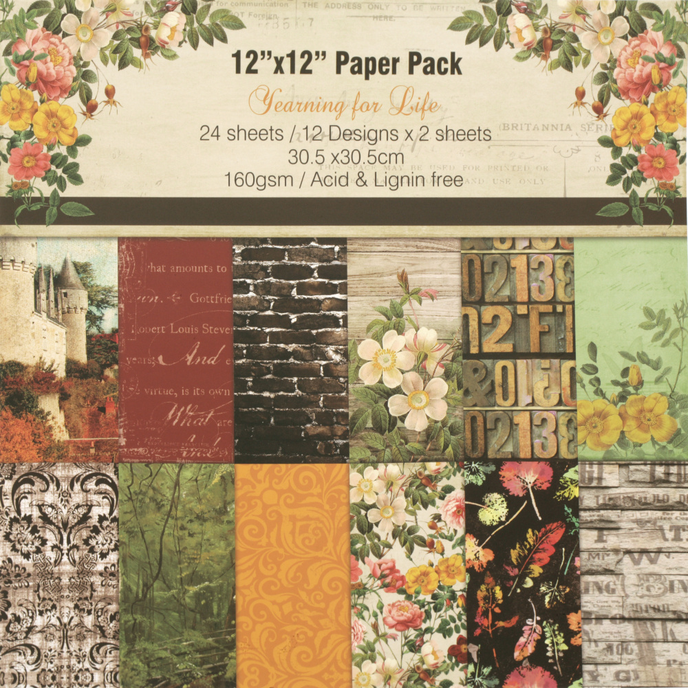 Designer Paper Pack  for Scrapbooking / Yearning for Life /  160 g; 12 inch (30.5x30.5 cm); 12 designs x 2 sheets 