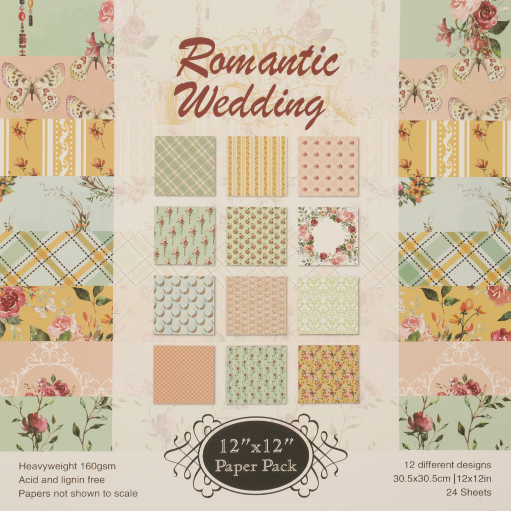 Decorative Paper for Craft Art / Romantic Wedding / 160 g; 12 inch (30.5x30.5 cm); 12 designs x 2 sheets 