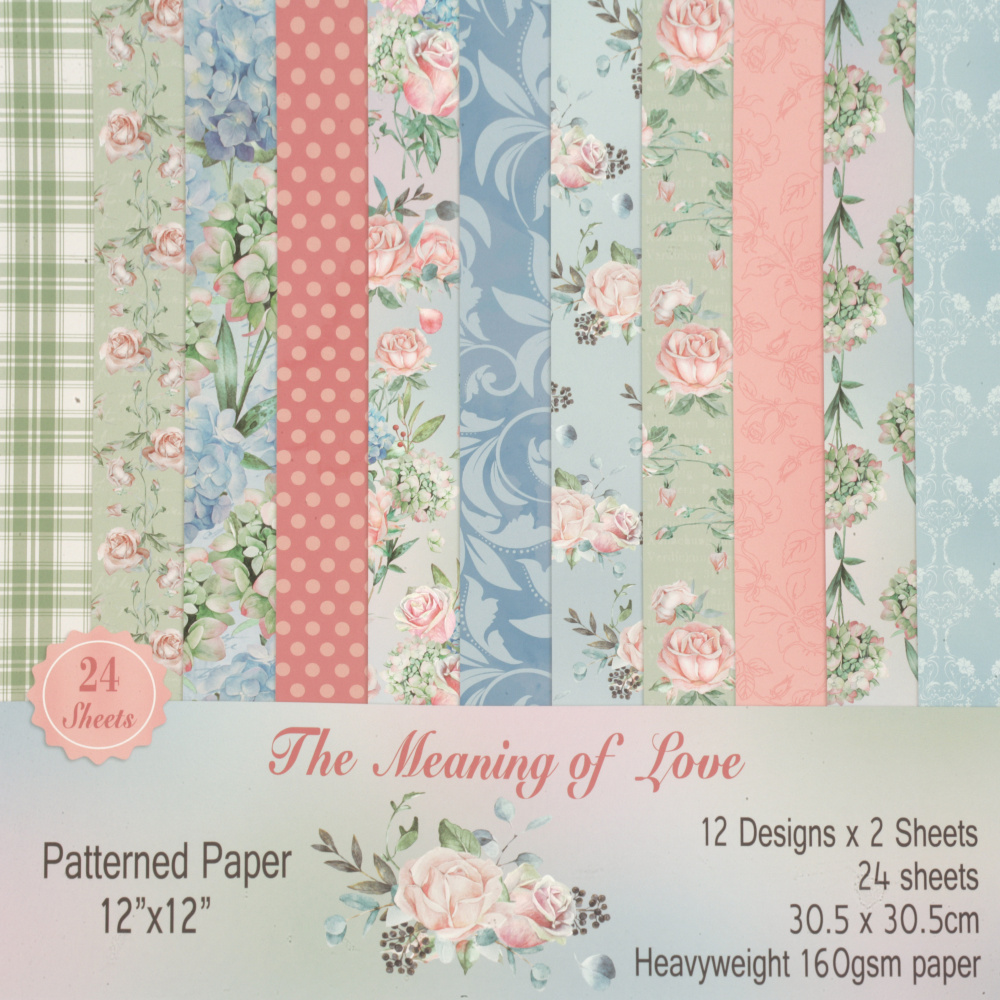 Designer Paper for Scrapbook, Art and Craft / The Meaning of Love / 160 g; 12 inch (30.5x30.5 cm); 12 Designs x 2 Sheets 