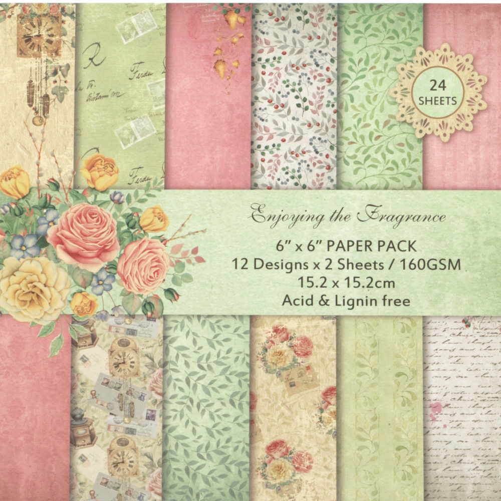 Art Paper for Craft Designers / Enjoying the Fragrance / 160 g; 6 inch (15.2x15.2 cm); 12 Designs x 2 Sheets 