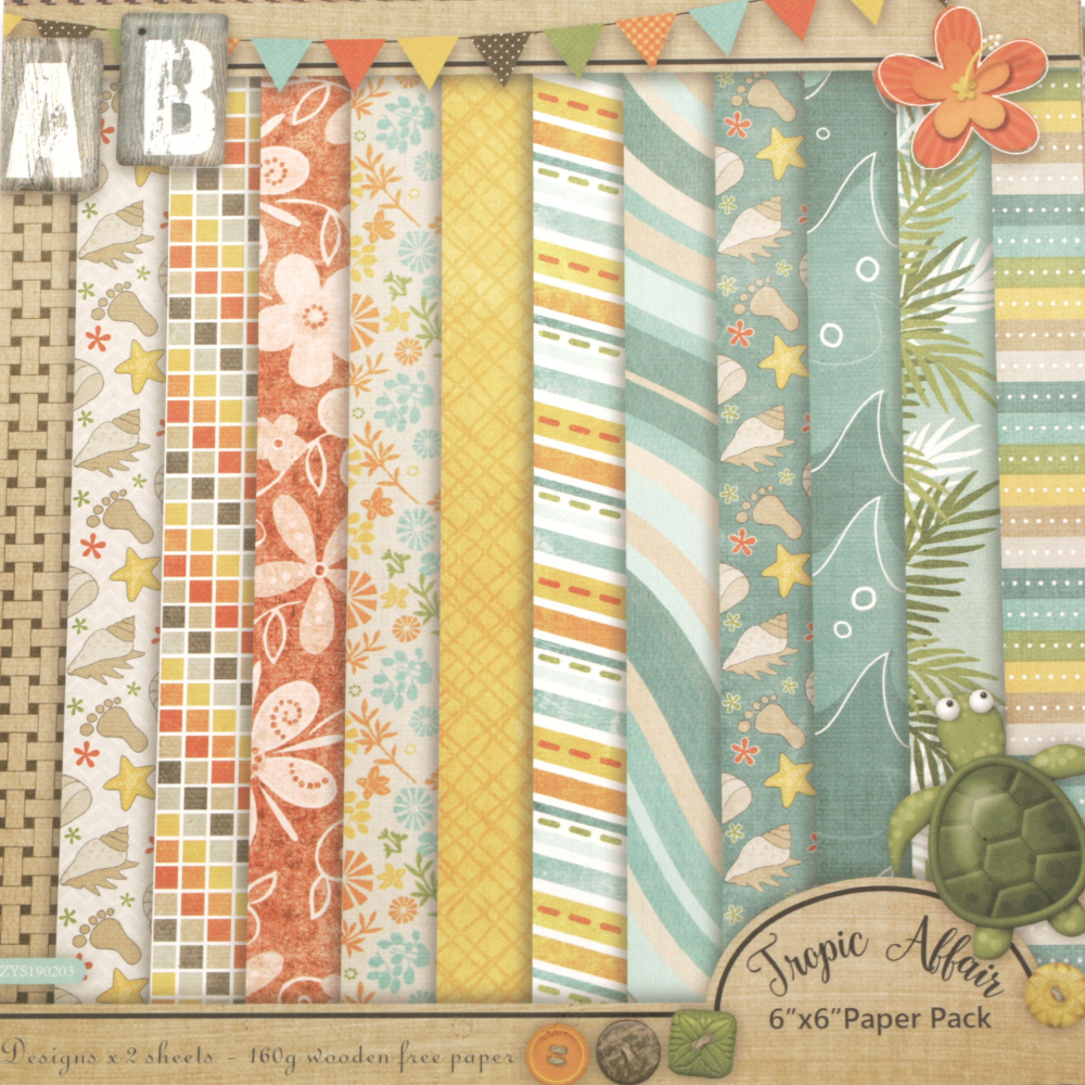 Scrapbook Paper Pack for Art and Craft / Tropic Affair / 160 g; 6 inch (15.2x15.2 cm); 12 Designs x 2 Sheets 