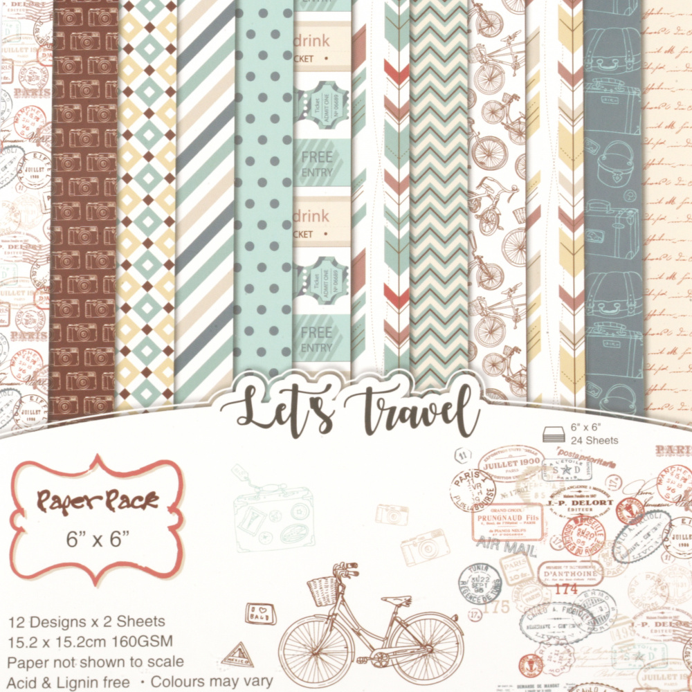 Scrapbook Paper Pack for Art and Craft / Lets Travel / 160 g; 6 inch (15.2x15.2 cm); 12 Designs x 2 Sheets 