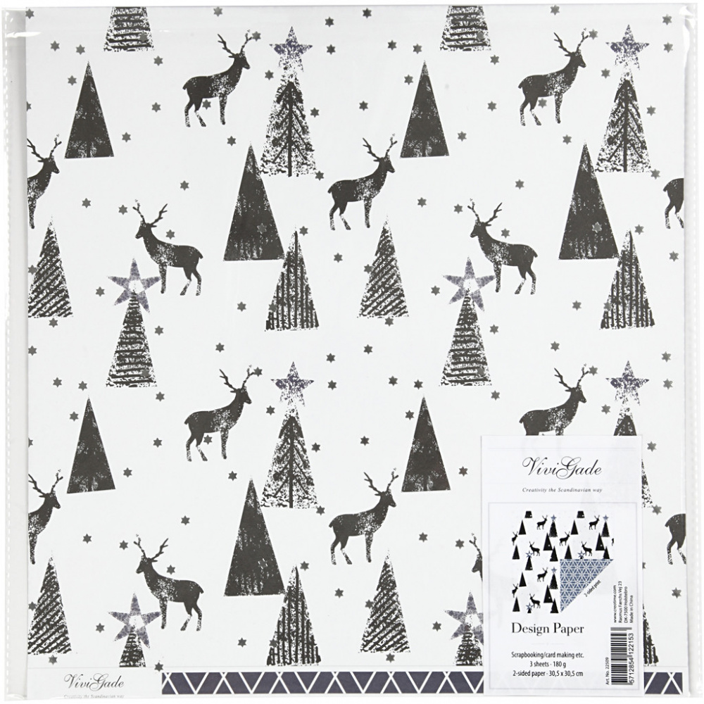 Dual-Sided Designer Paper, Deer And Pattern Black Silver White by Vivi Gade, 180 g, Creativ - 3 sheets