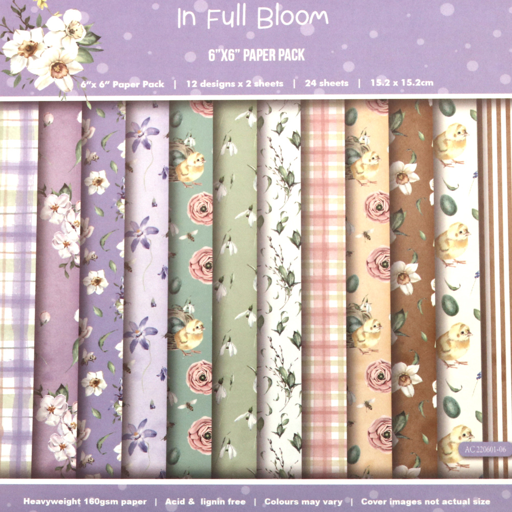 "In Full Bloom" Design Paper Pack of 24 Sheets: 12 Patterns Designs x 2 Sheets Each, Heavyweight 160gsm Paper, Perfect for Scrapbooking, DIY Arts and Crafts, Size: 6inchx6inch Paper Pack / 15.2x15.2 cm