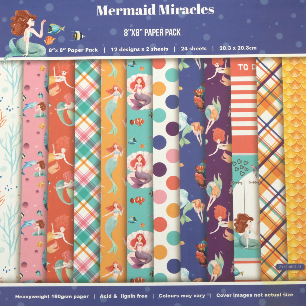 "Mermaid Miracles" Design Paper Pack of 24 Sheets: 12 Patterns Designs x 2 Sheets Each, 160gsm, Perfect for Scrapbooking, DIY Arts and Crafts, Size: 8inchx8inch / 20.3x20.3 cm