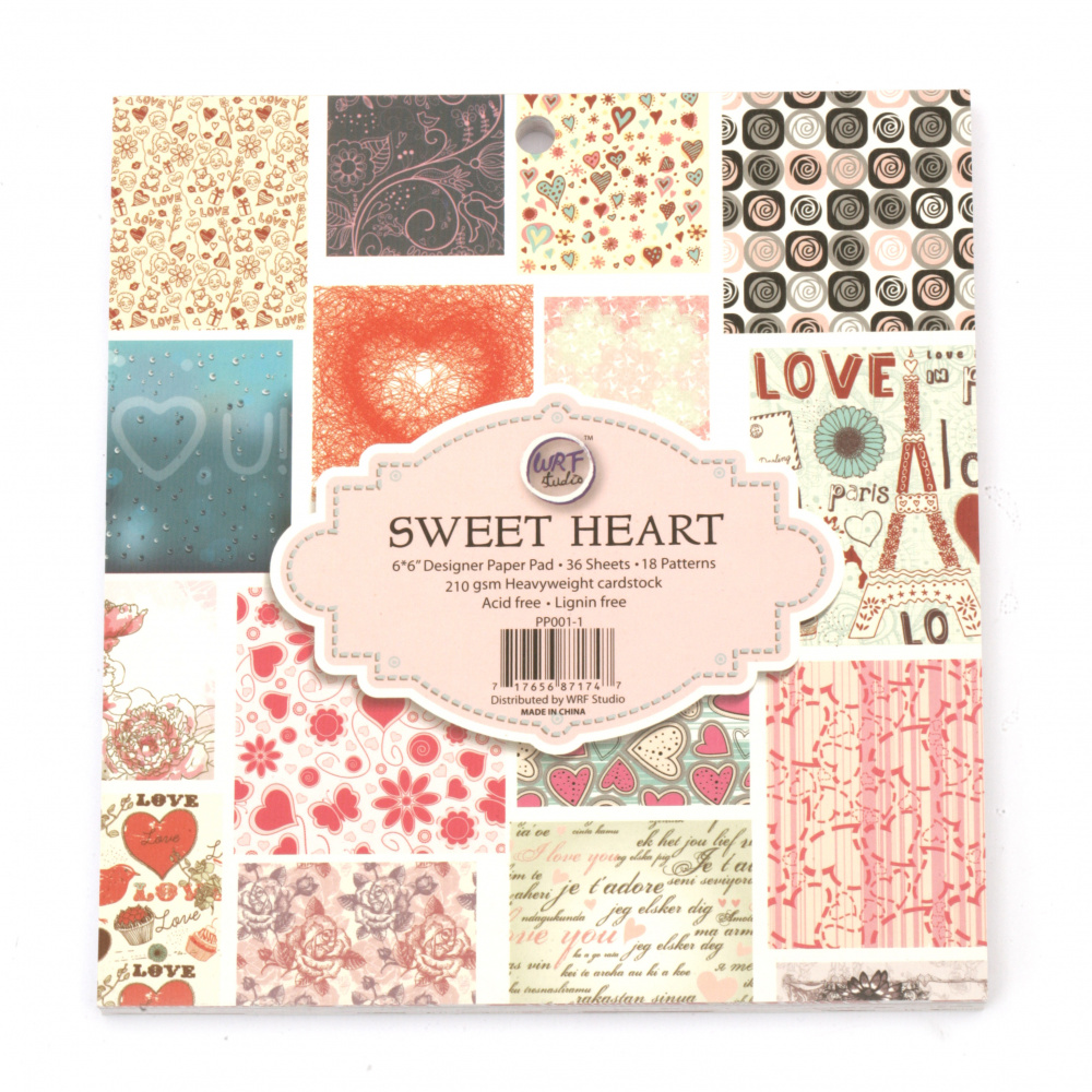 Album of Designer Cardstock, 6 inch (15.2x15.2 cm) 210 gsm, for Scrapbooking, 18 Designs, 36 Sheets SWEET HEART