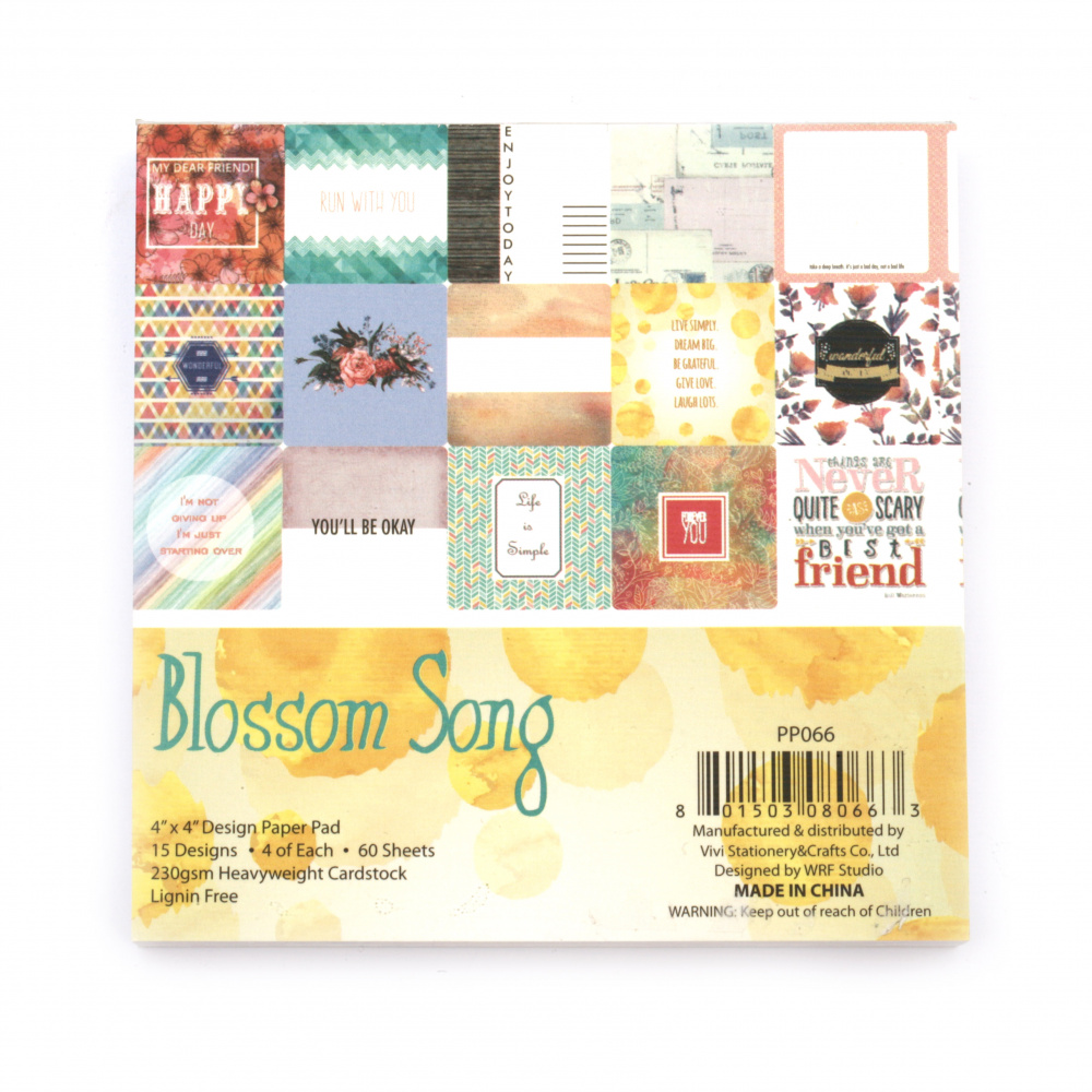 Designer Cardstock Pad, 4 inch (10.2x10.2 cm) 200 gsm, for Scrapbooking, 15 Designs x 4 Sheets - Total 60 Sheets, Blossom Song