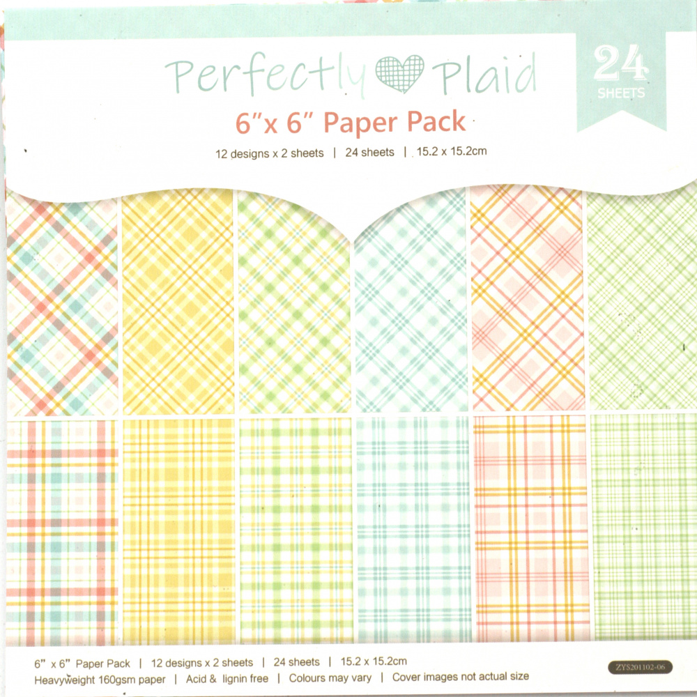 Designer Paper Pad, 160 g, for Scrapbooking, 6 inches (15.2x15.2 cm), 12 Designs x 2 Sheets - 24 Sheets, Checkered Design