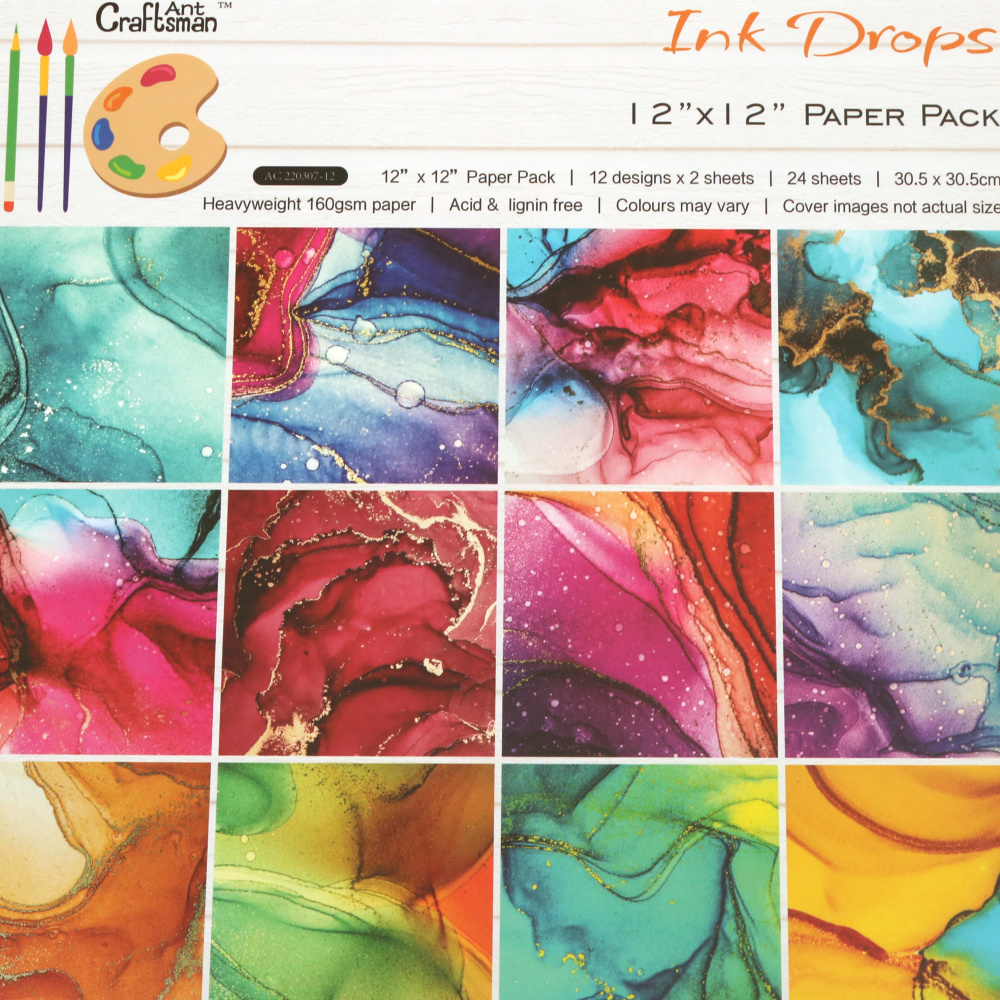 Ink Drops Designer Paper Pack of 24 Sheets: 12 Patterns Designs x 2 Sheets Each, Heavyweight 160gsm Paper, Perfect for Scrapbooking, DIY Arts and Crafts, Size: 12inch*12inch / 30.5x30.5 cm