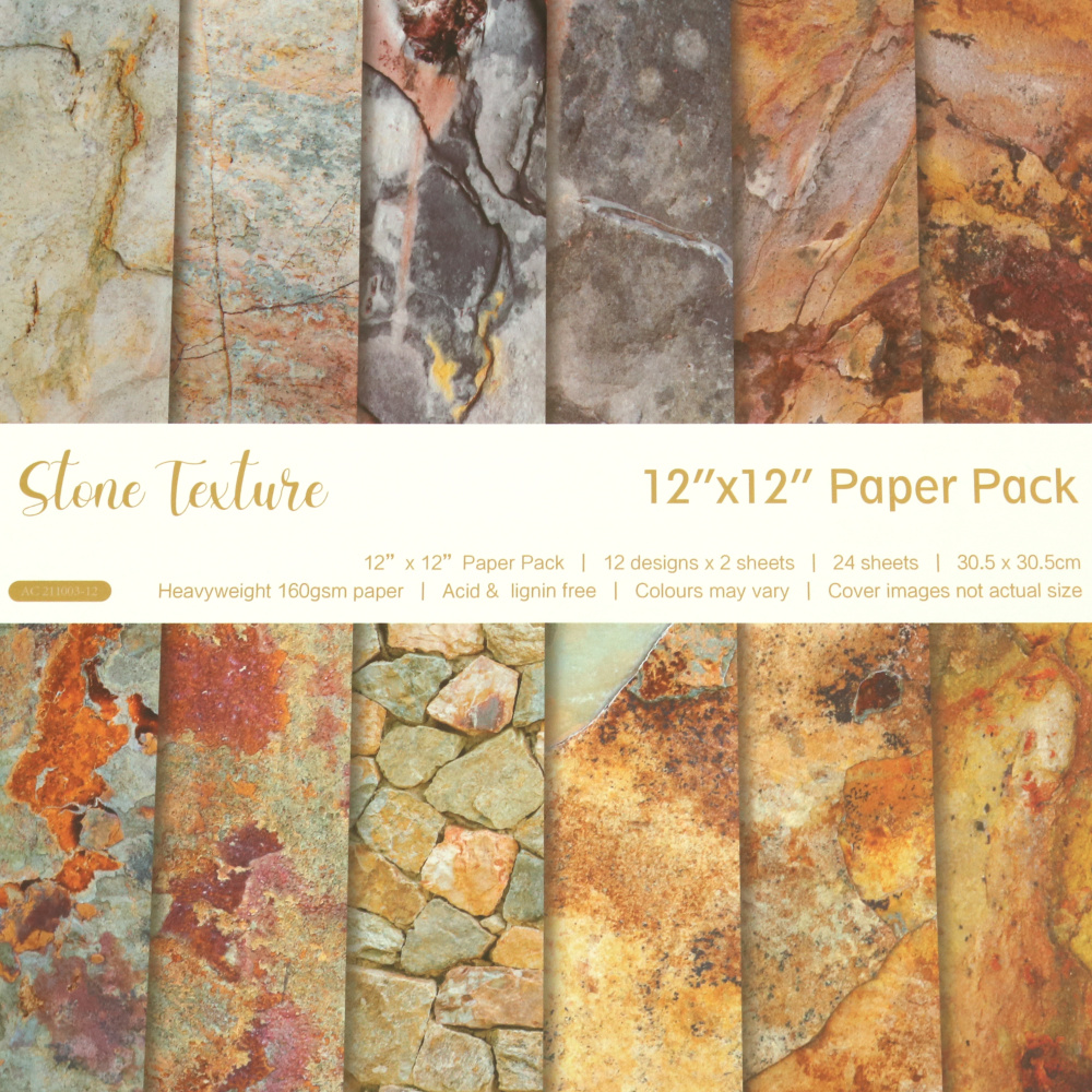 Stone texture Design Paper Pack of 24 Sheets: 12 Patterns Designs x 2 Sheets Each, Heavyweight 160gsm Paper, Perfect for Scrapbooking, DIY Arts and Crafts, Size: 12inchx12inch / 30.5x30.5 cm