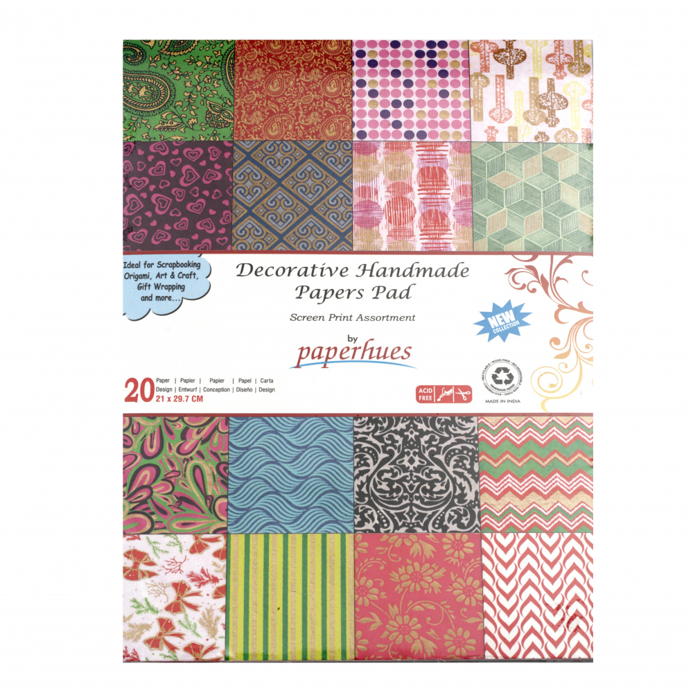 Pad of Decorative Handmade Papers made in India with 20 Designs - 120 GSM - for Scrapbooking, Art and Craft - 21x29.7 cm - SCREEN PRINT Assortment