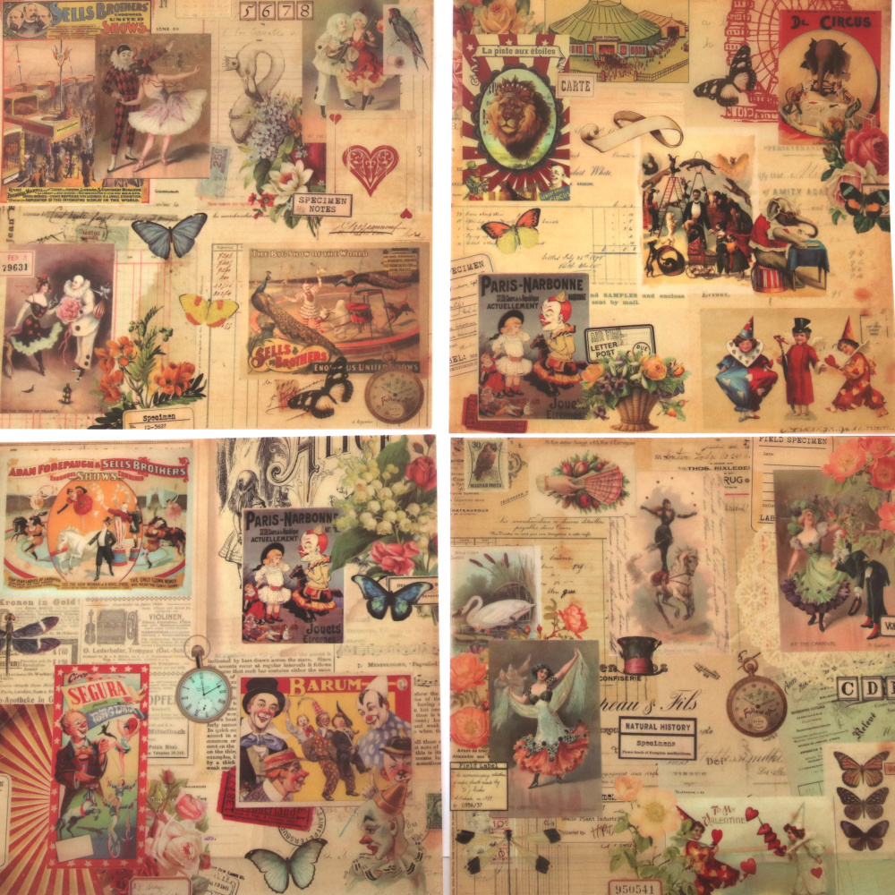 Fogli di acetato trasparente 160 g per arte e scrapbooking, 19x19 cm, monofacciali, 12 motivi assortiti (1 foglio ciascuno), stile vintage - Spettacolo circense