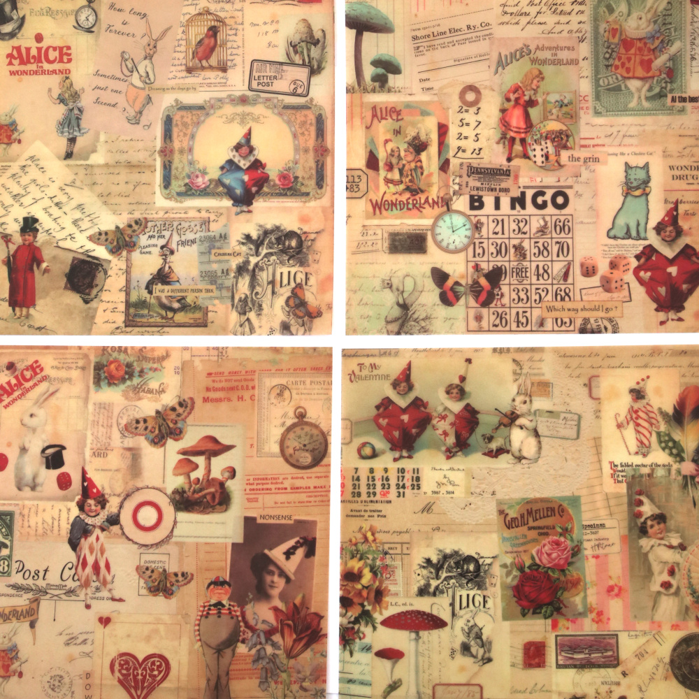 Fogli di acetato trasparente 160 g per arte e scrapbooking, 19x19 cm, monofacciali, 12 motivi assortiti (1 foglio ciascuno), stile vintage - Spettacolo circense