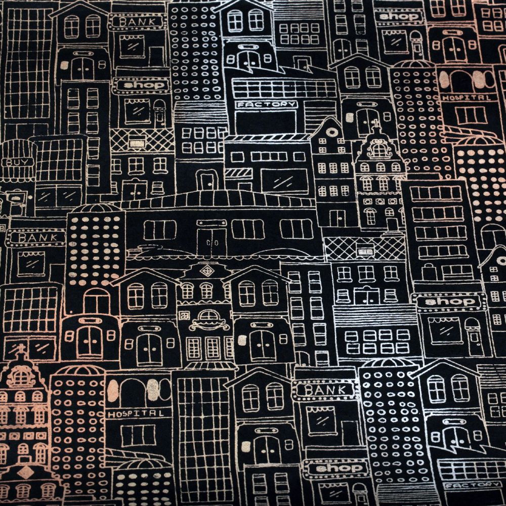 Handmade Nepal Paper 49x75 cm Printed house - black with silver, gold, copper