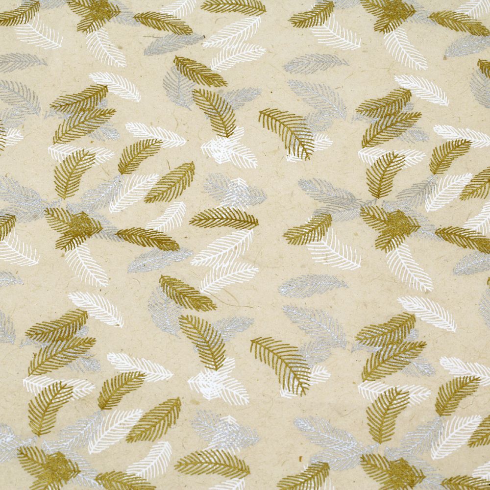 Handmade Printed Nepalese Paper / Falling Leaf / 60 g; 51x76cm; Natural with Silver, Gold and White