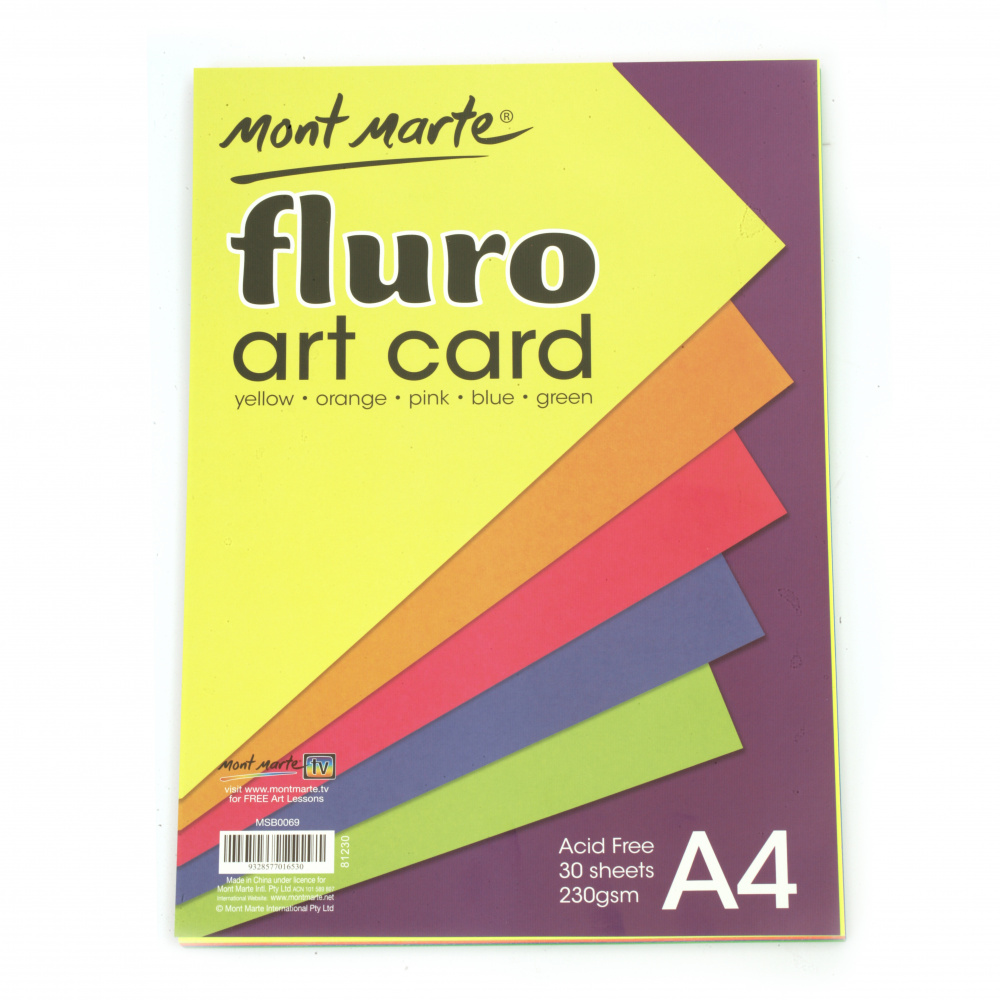 Fluorescent Cardstock, 230 g/m², A4 MM Fluro Art Card Pack, 5 Colors, 30 Sheets