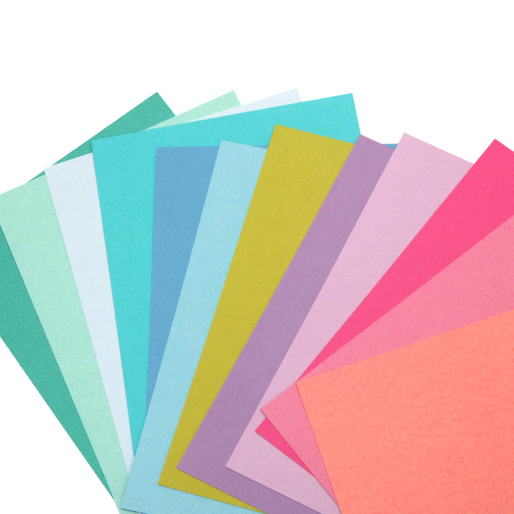 Cartoncino testurizzato effetto lino 216 g/m², A5 (148 x 210 mm), bifacciale, 12 colori assortiti x 2 fogli ciascuno - 24 pz