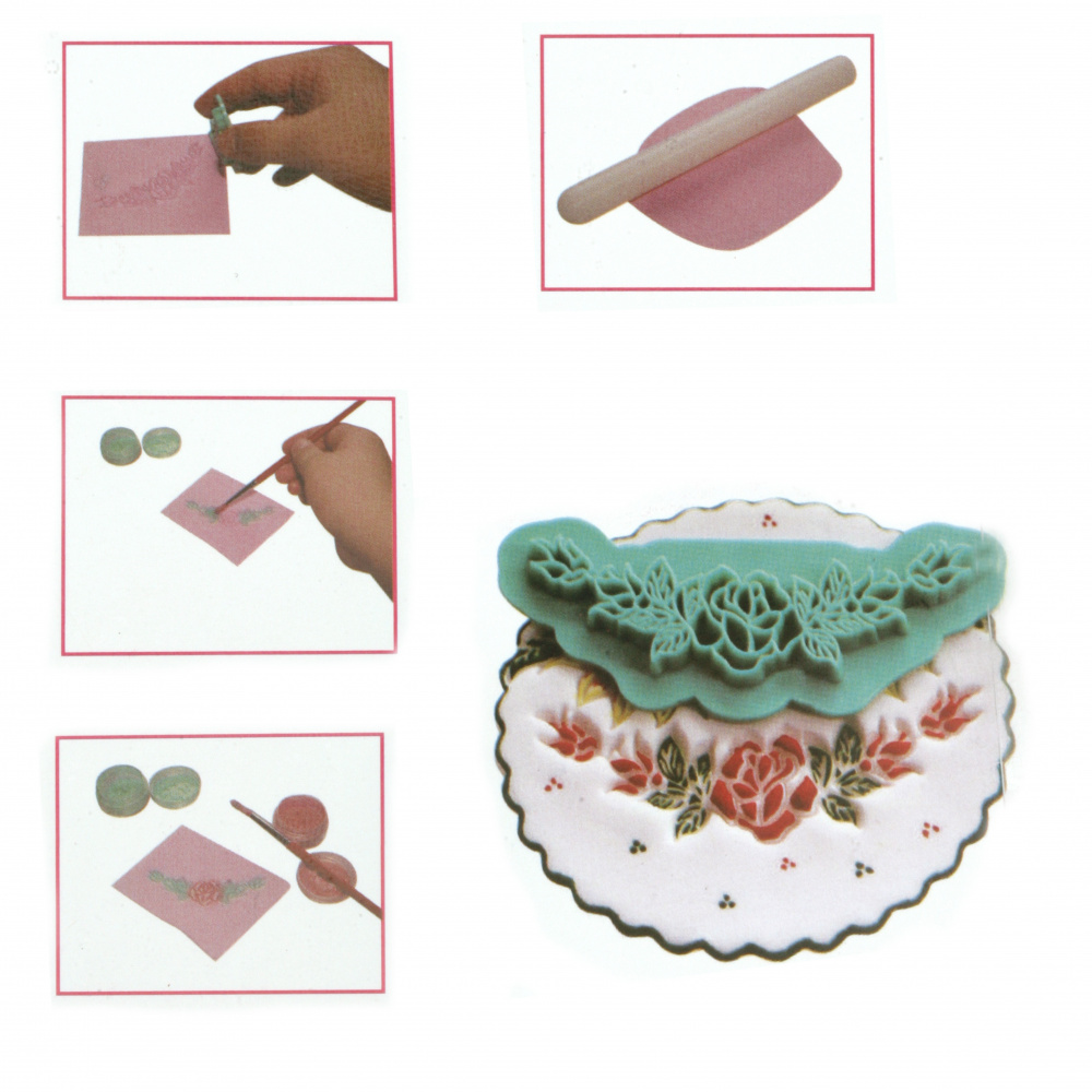 Embossed Print set 60x24 mm 70x45 mm 77x25 mm with handle different models of roses -3 pieces