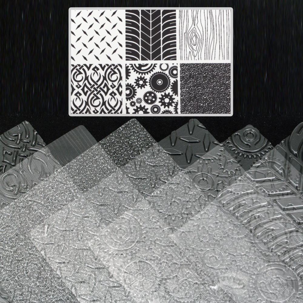 Set of embossed textured stencil pads 255x180 mm metal, car tires, wood, leather, gears, braid -6 pieces