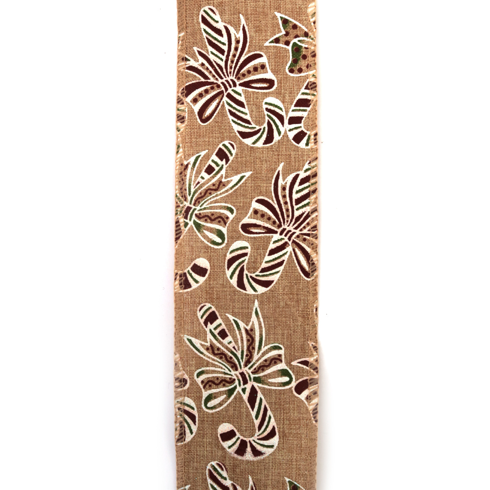 Vianočná dekoračná jutová stuha s potlačou, 60 mm x 6 m