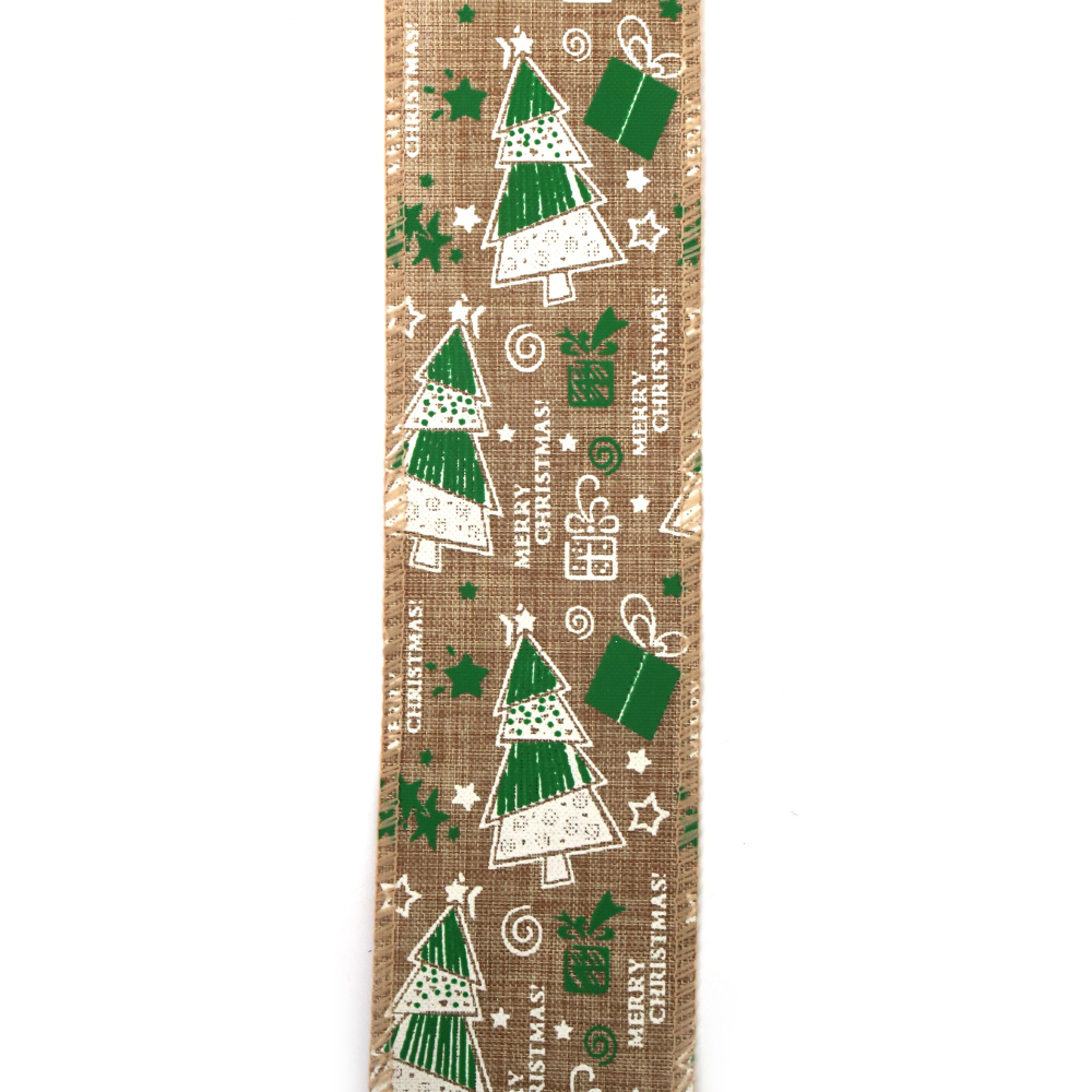 Nastro in juta con stampa alberi di Natale, 60 mm, circa 6 m