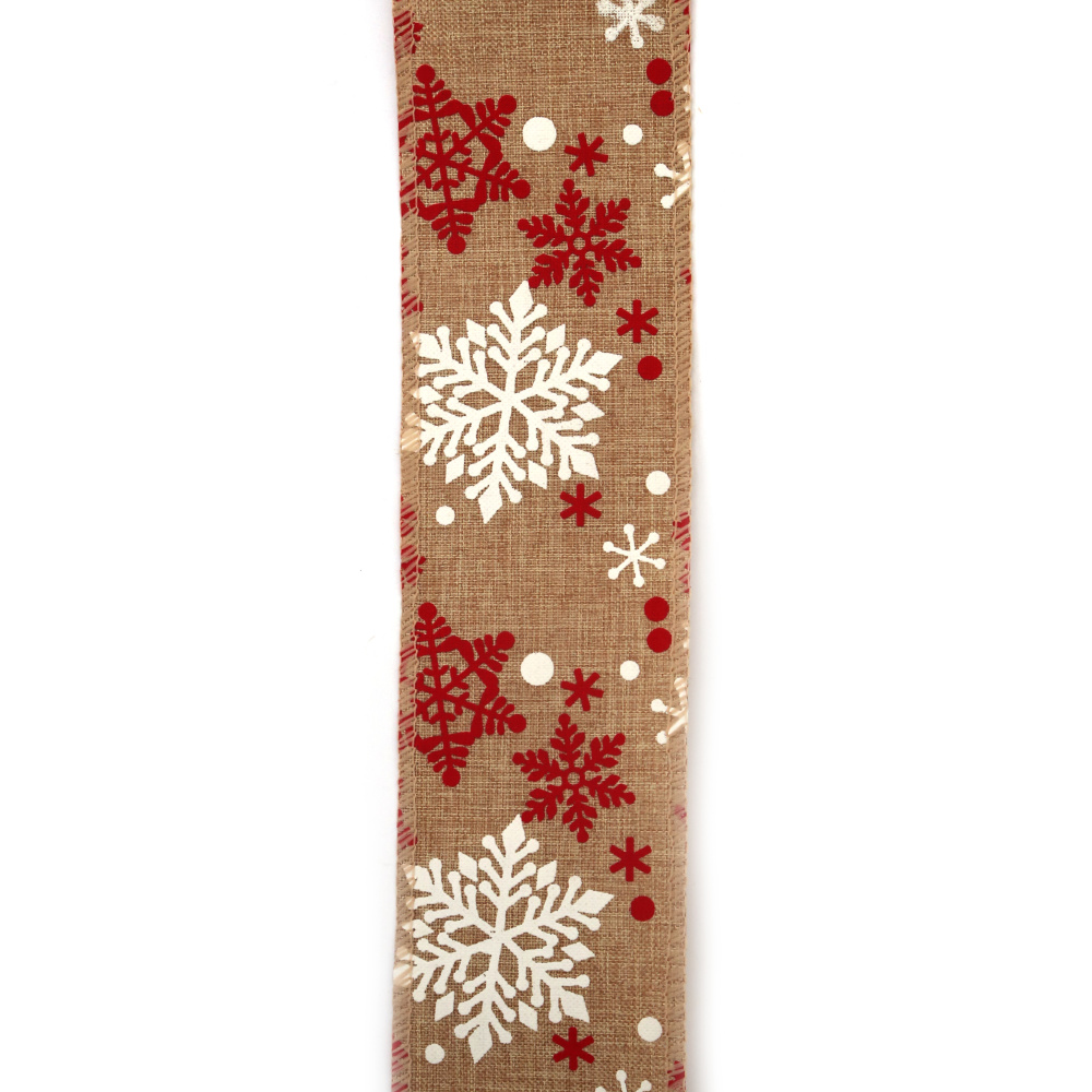 Jutová dekoratívna stuha s vianočnou potlačou snehových vločiek, 60 mm, ~6 m