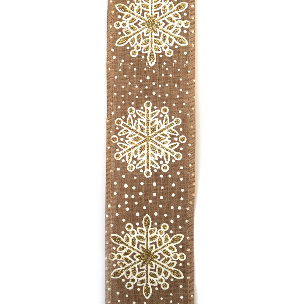 Jute-Dekoband mit weihnachtlichem Schneeflocken-Druck, 60 mm x ca. 6 m