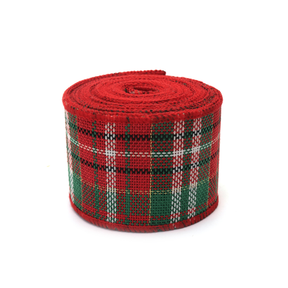 Jute-Dekoband, 60 mm, Weihnachts-Karomuster, ca. 6 m