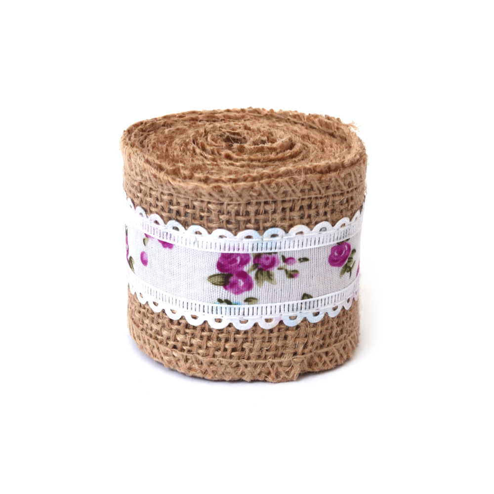 Base for Appliqué, Burlap Ribbon with Textile Ribbon, 50 mm x ~2 m