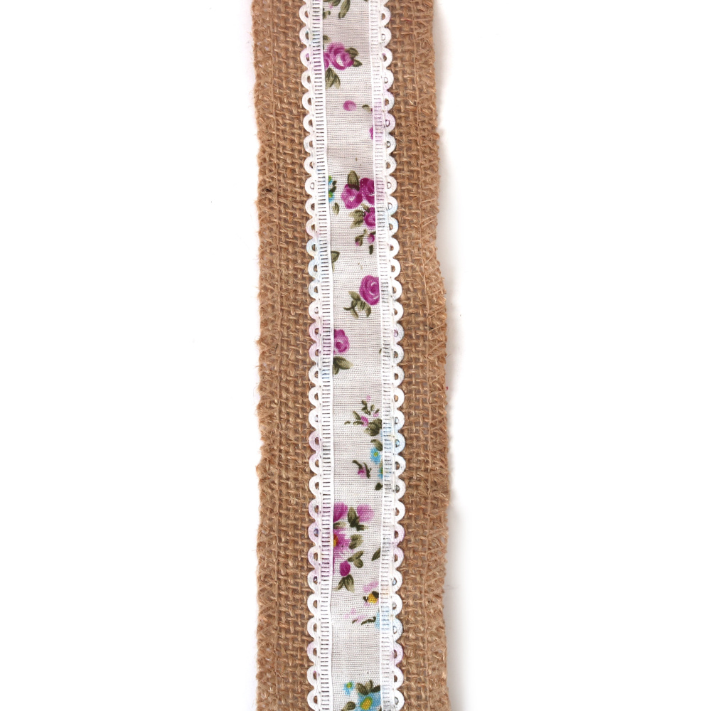 Base for Appliqué, Burlap Ribbon with Textile Ribbon, 50 mm x ~2 m