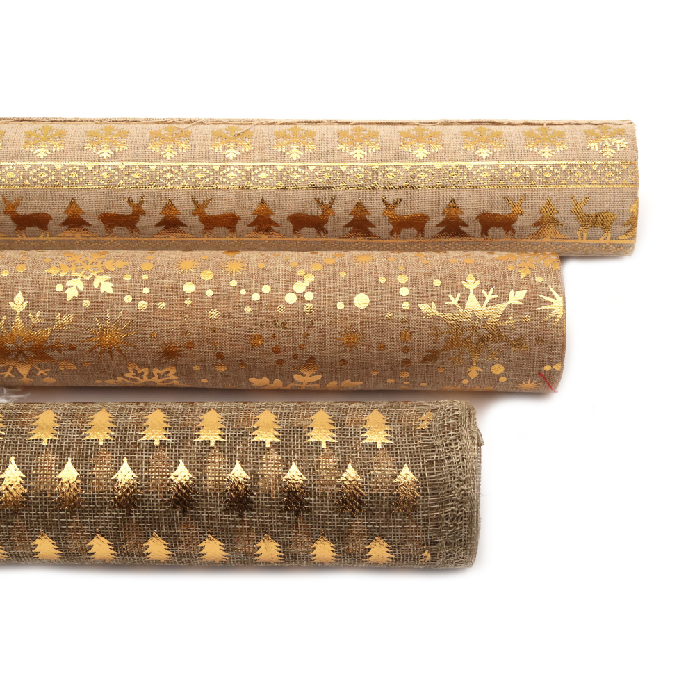 Лента зебло 48x270 см цвят натурален щампа коледни мотиви брокат злато асорти