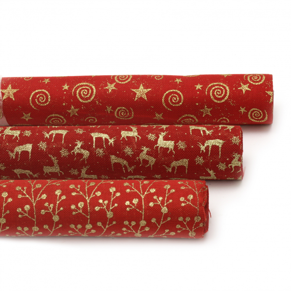 Panglică pânză de sac 48x270 cm culoare roșu imprimeu Motive de Crăciun brocart auriu asortat