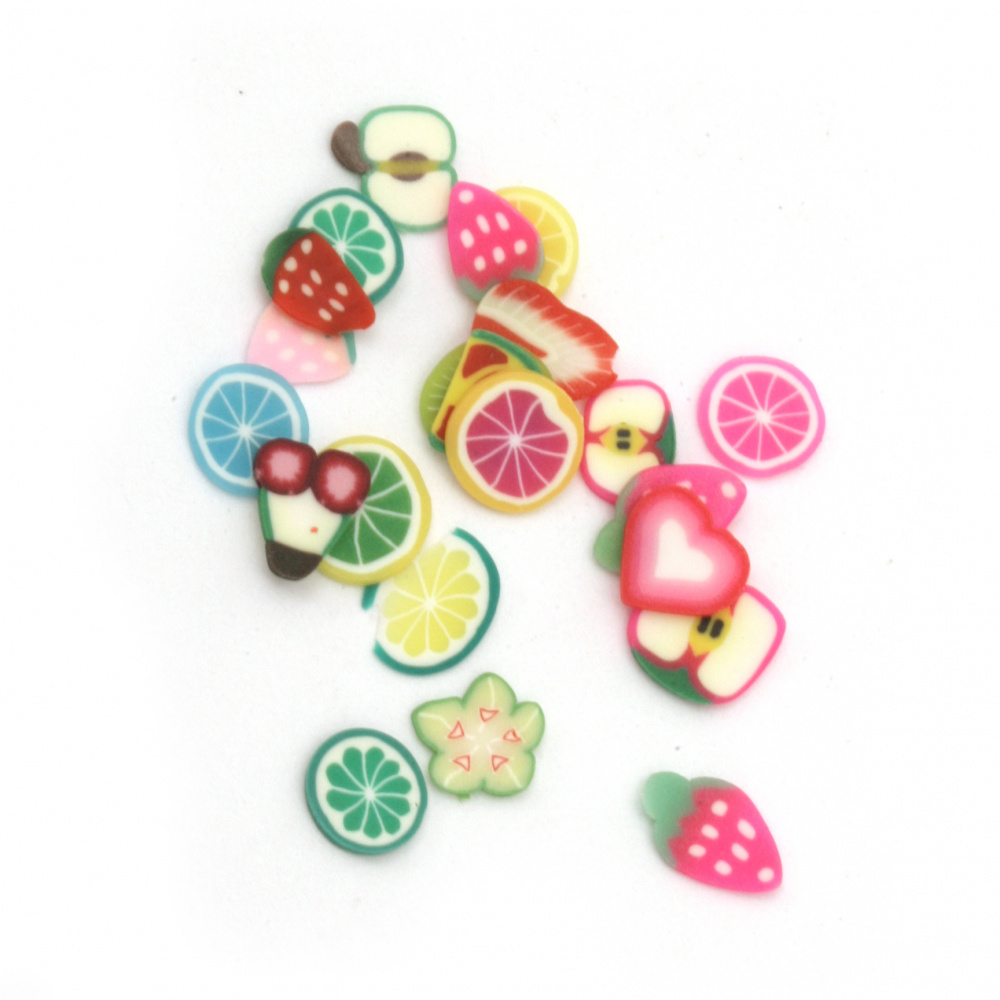 Elements for decoration fimo 6 ~ 3x6 ~ 3x0.2 ~ 0.4 mm fruits ASSORTE colors and shapes -5 grams