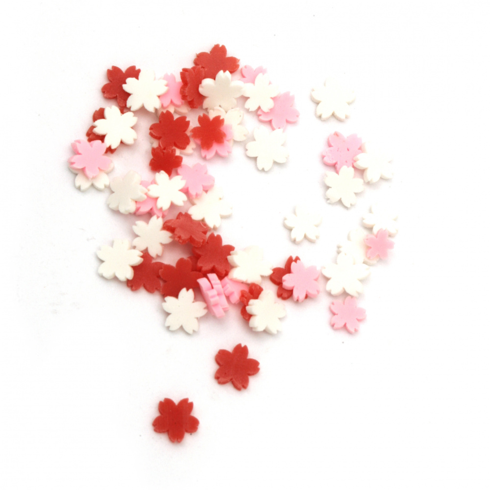 Елементи за декорация фимо 5x5x1 мм цвете АСОРТЕ бяло червено розово -5 грама