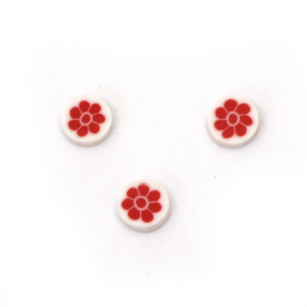 Elements for decoration fimo 5x5x1.5 mm circle white with red flower -50 pieces