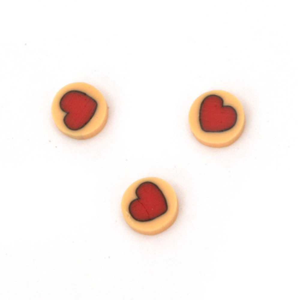 Fimo decoration elements 5x5x1.5 mm circle orange with red heart -50 pieces