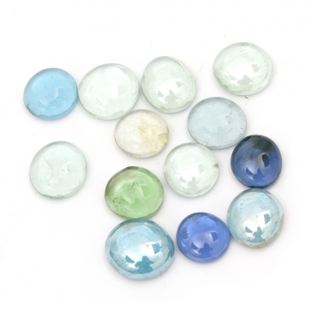 Glass hemispheres pebbles for decoration 17~23x7~10 mm blue-green range ~ 380 grams ~ 90 pieces
