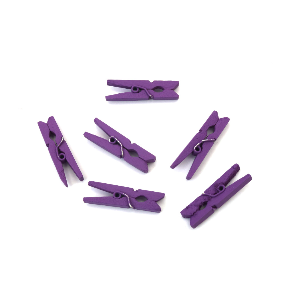Mini cleme din lemn mov 4 x 30 mm – set 20 buc. – perfecte pentru proiecte DIY, afișaje foto și împachetarea cadourilor