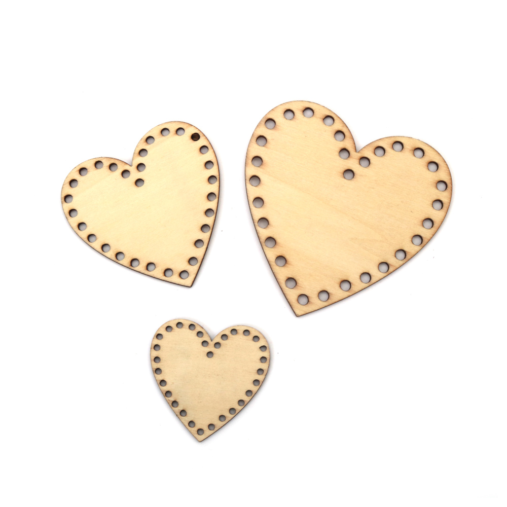 Set baze din lemn natural, în formă de inimă – grosime 3 mm, dimensiuni 30/50/90 mm – ideal pentru craft, pictură, handmade și decorațiuni DIY