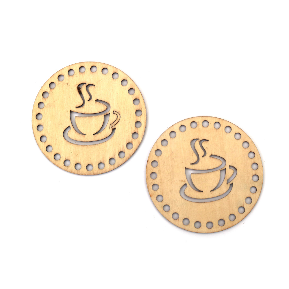 Baze rotunde din lemn artizanale cu motive de cești de cafea – 90 x 2,5 mm – Set 2 buc. – pentru proiecte DIY, pictură și idei de cadouri