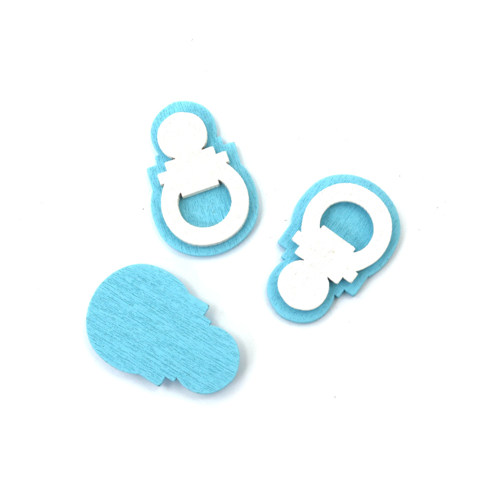 Suzete decorative din lemn albastre și albe – 35x23x5 mm (Set de 6) – perfecte pentru baby shower, proiecte DIY, hobby și decorațiuni handmade