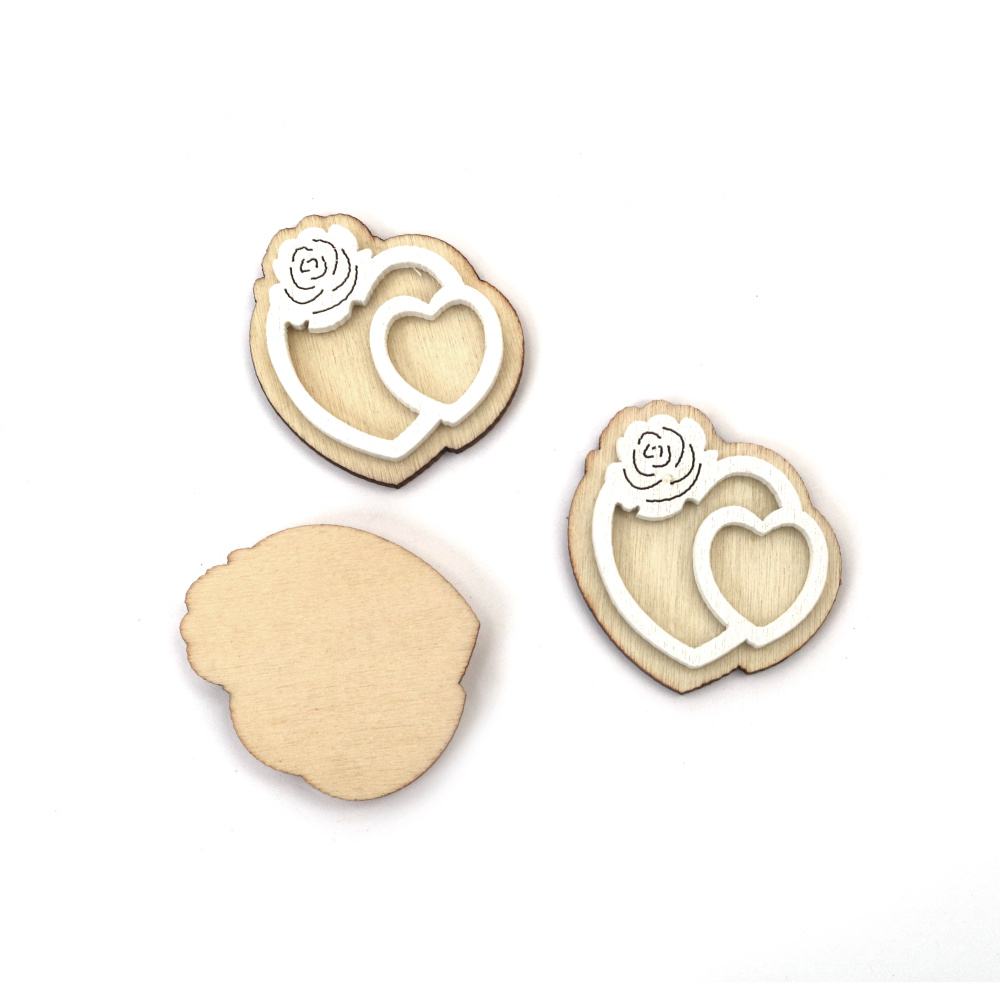 Inimi din lemn naturale și albe cu motiv de trandafir – 47x35x5 mm (Set de 6) – perfecte pentru hobby creativ, proiecte romantice, cadouri și decorațiuni pentru casă