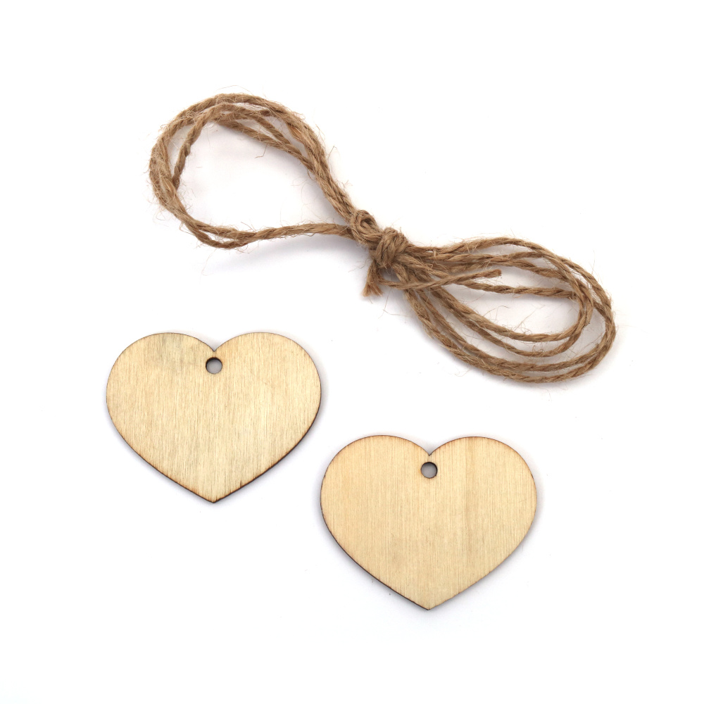 Ornamente delicate din lemn în formă de inimă pentru agățat – finisaj natural, cu șnur – 50x3 mm, set de 6 – ideale pentru DIY, hobby & handmade, decorațiuni de nuntă și ambalare cadouri